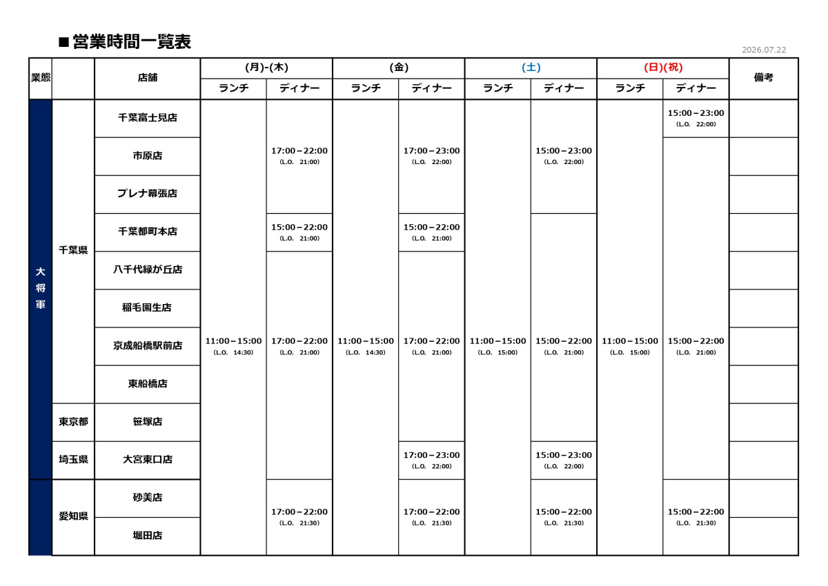 営業時間一覧表20260624